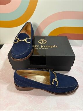 Marc Joseph Navy Suede Loafers with Gold Bit